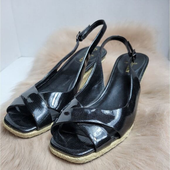 Cole Haan Black Patent Leather Espadrille Wedges Open Toe Sandals - Picture 1 of 8